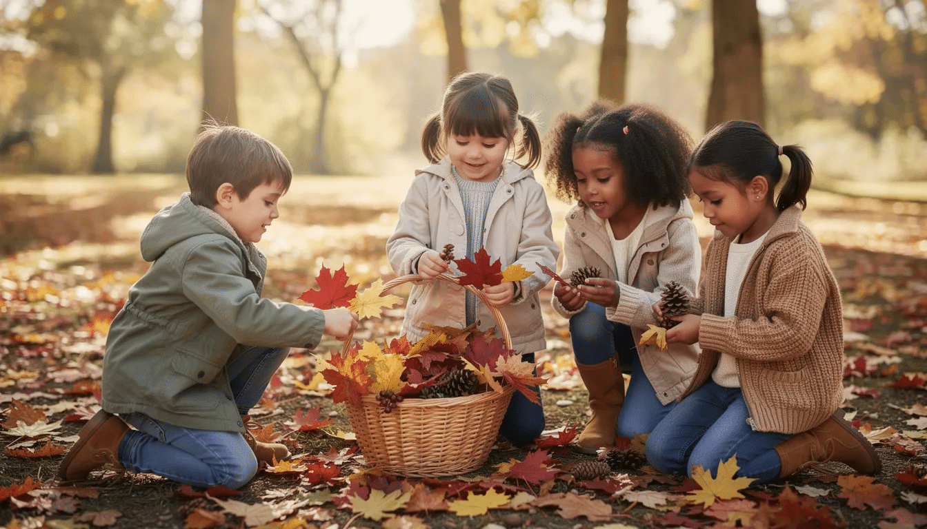 A group of children is joyfully outdoors, collecting an array of colorful leaves and natural materials, which they place into a basket. This activity promotes fine motor skills and sensory exploration as they enjoy the varied textures of nature while engaging in creative sensory crafts.