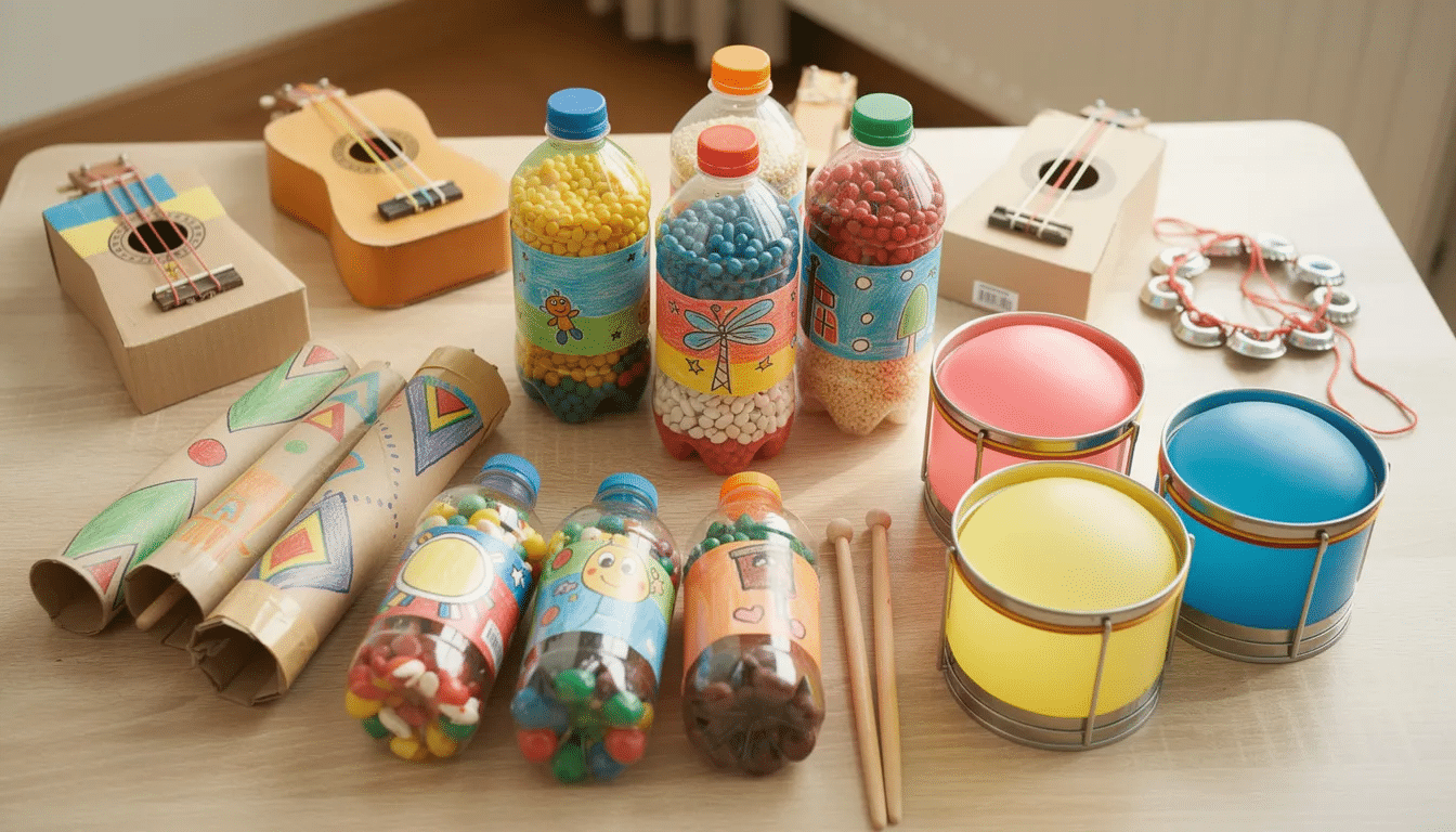8cbaa01a-d6a6-4141-bd48-5d4f382b5857 The image showcases a vibrant array of homemade musical shakers and instruments crafted from recycled materials, including empty tissue boxes and colorful items like pop rocks candy. These engaging crafts not only stimulate the sense of sound but also encourage fine motor skills and creativity in children during fun sensory activities.
