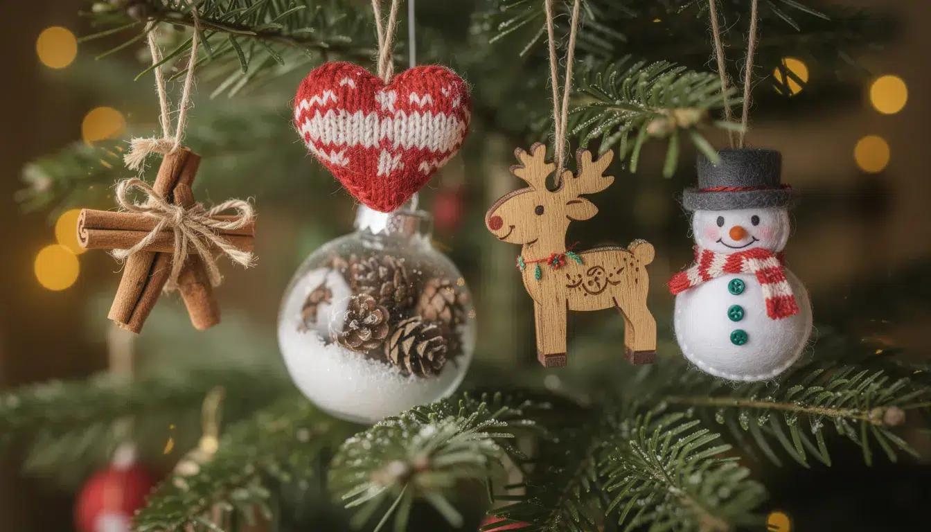 The image features an evergreen tree adorned with a variety of handmade Christmas ornaments, including colorful salt dough shapes and rustic decorations made from cinnamon sticks and twine. This festive display captures the spirit of the Christmas season, showcasing DIY Christmas crafts that could serve as special gifts for grandparents and loved ones.
