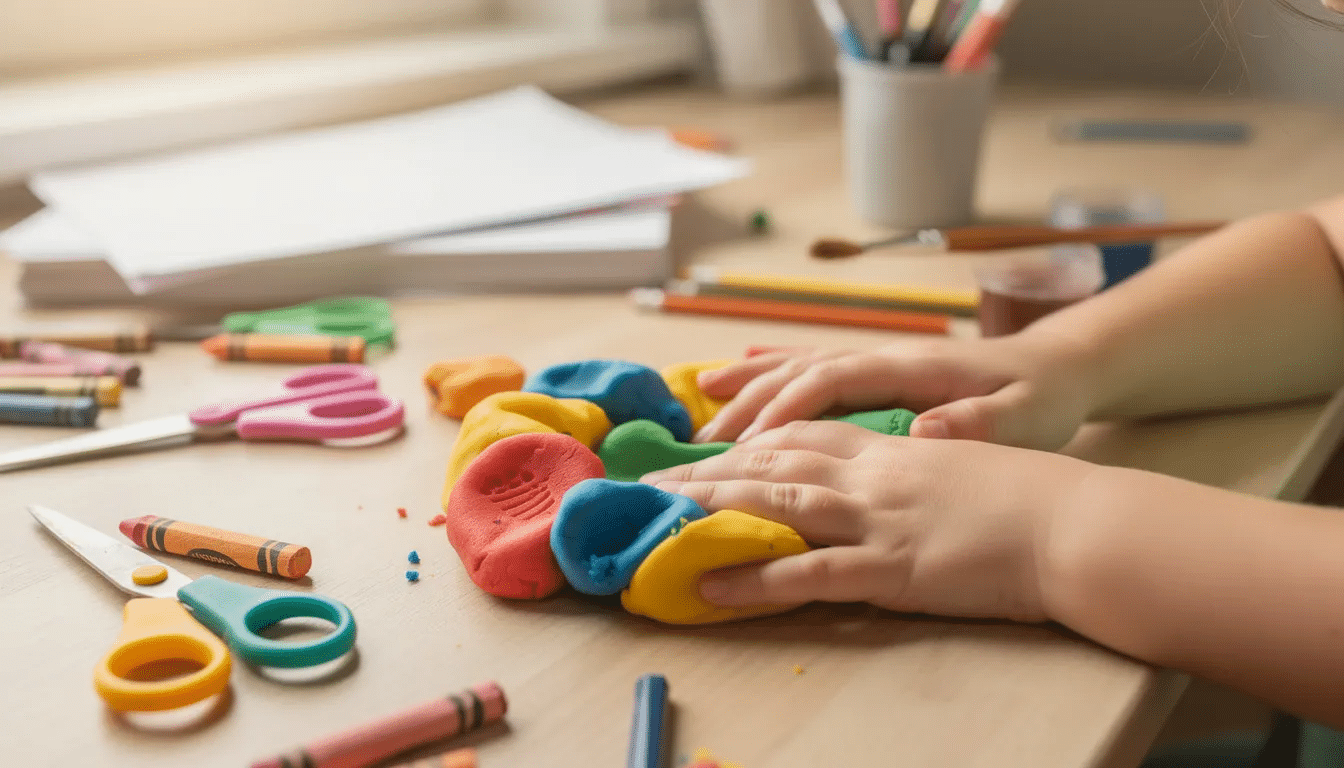 A child's hands are joyfully squishing colorful playdough on a table, surrounded by various art supplies that encourage sensory exploration and fine motor skills. This engaging activity provides a multi-sensory experience, allowing children to explore textures and express their creativity through sensory crafts.