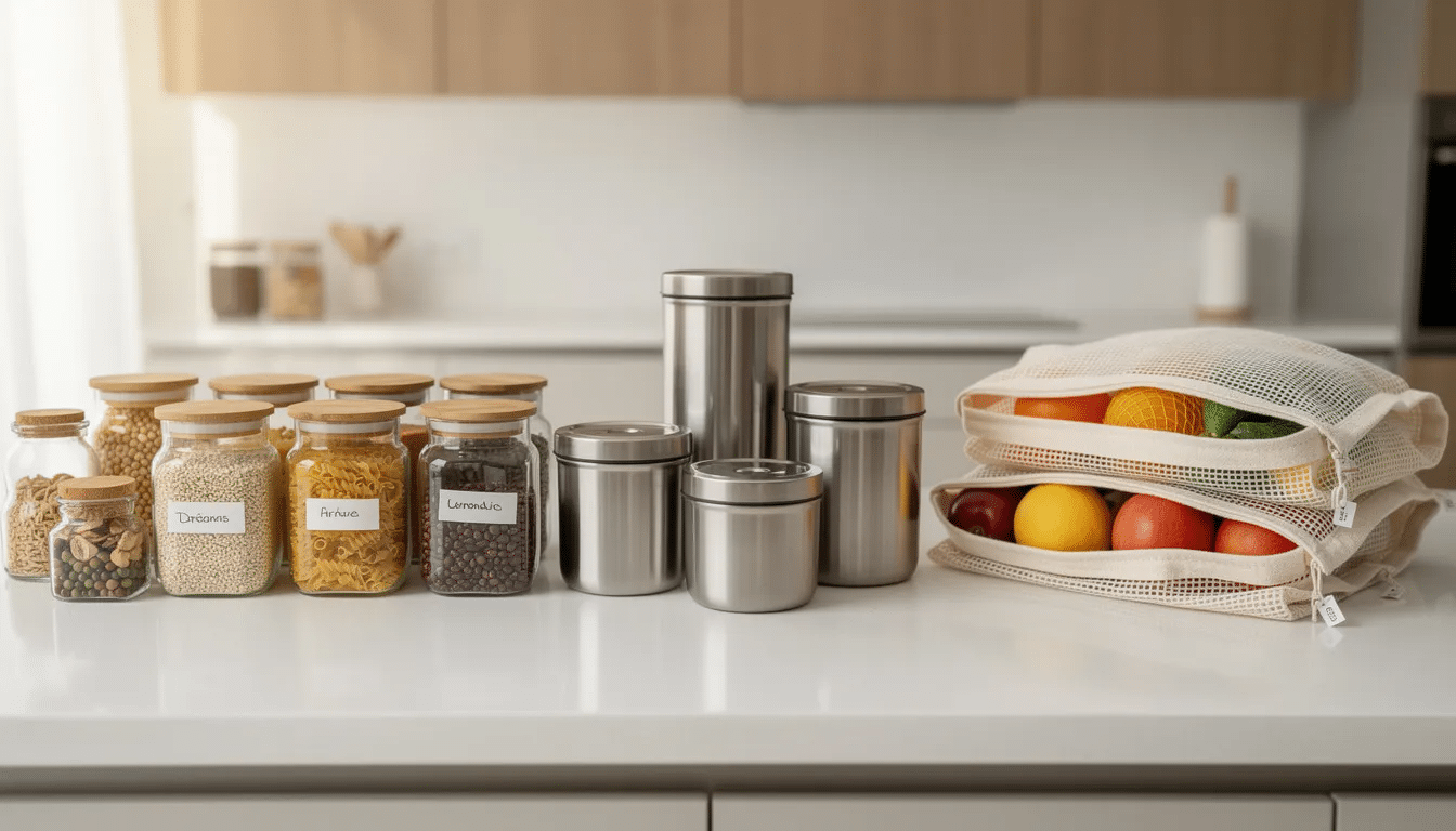 96cfc674-bb50-4078-80e4-e9d19d7f014f The image depicts an organized kitchen counter featuring eco-friendly products such as glass jars, stainless steel containers, and reusable produce bags, all designed to reduce plastic waste and support a sustainable future. This setup emphasizes a zero waste lifestyle, promoting the use of durable and recyclable materials to minimize environmental impact.