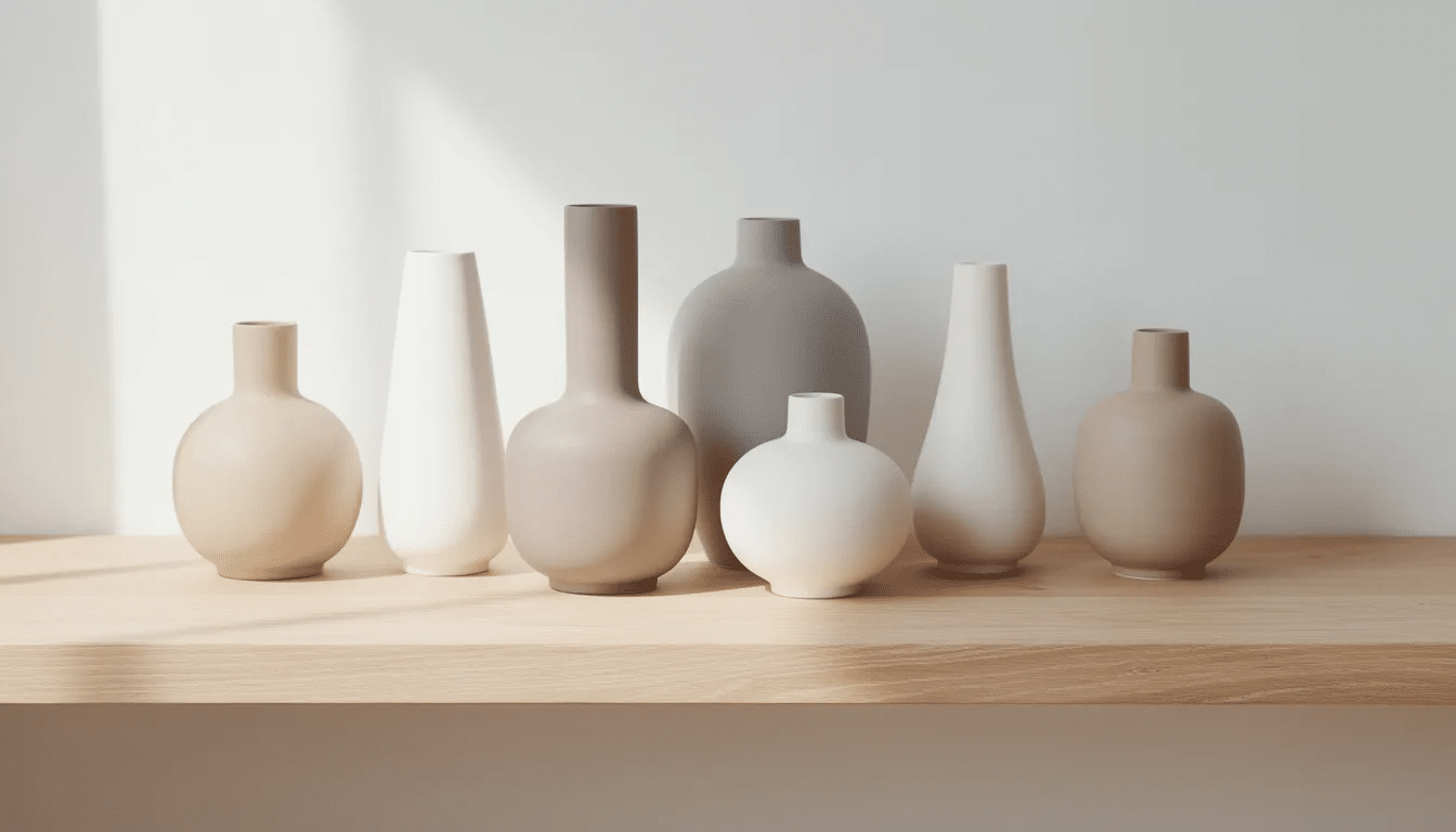 96d8b57b-3832-4863-938f-98c6e580f303 A collection of painted glass vases in neutral colors is elegantly displayed on a wooden shelf, showcasing charming thrift store finds that add a fresh new look to home decor. This arrangement highlights the beauty of upcycled projects, inspiring creativity and unique decorating ideas.