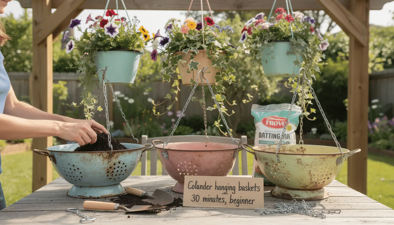 The image features vintage colanders transformed into hanging baskets, filled with vibrant trailing flowers, showcasing a creative upcycling project for outdoor spaces. This DIY decor idea demonstrates how to repurpose old items into beautiful, functional pieces for your home.
