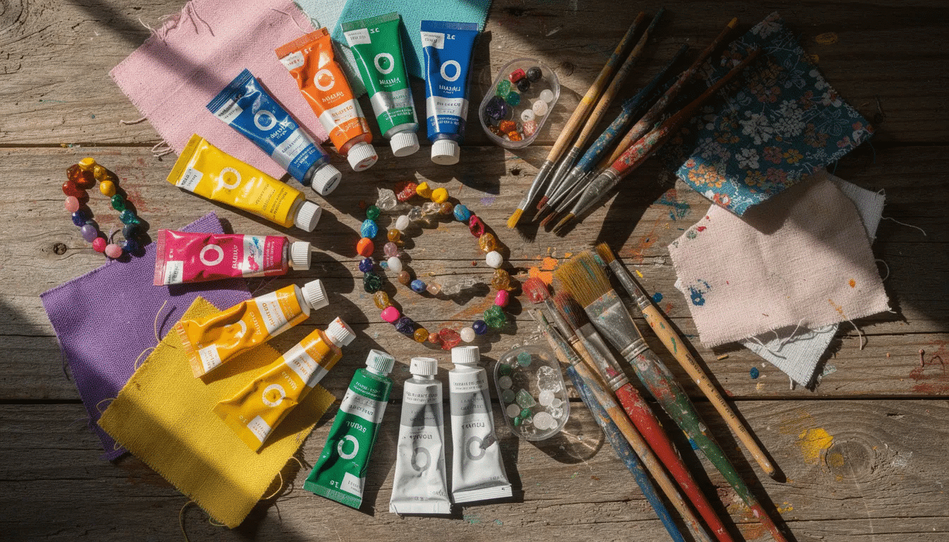 97f15866-0a96-4eba-9c41-954c88c9258f An assortment of vibrant art supplies, including paint tubes, brushes, beads, and fabric scraps, is beautifully arranged on a wooden table, showcasing various creative materials perfect for sustainable creativity and creative reuse. This collection highlights the joy of crafting and the importance of supporting local businesses through donations and accessible arts supplies.