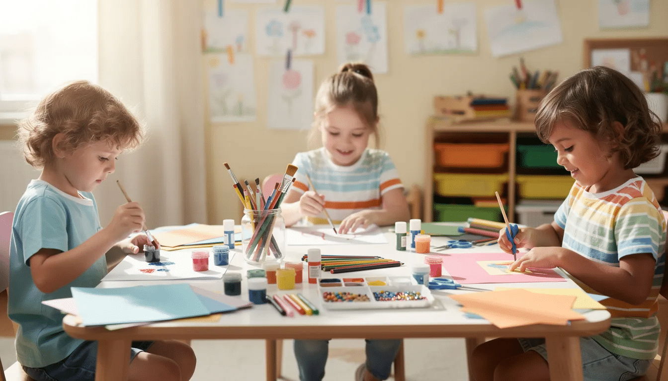 986480ef-a4a0-4cb3-be69-9bb1f9606fc8 A group of young children are sitting at a craft table, joyfully engaged in hands-on activities with colorful paint, paper, and various art supplies, enhancing their fine motor skills while exploring their creativity. The scene captures the essence of preschool activities, where kids can create and learn through fun crafts that stimulate all five senses.