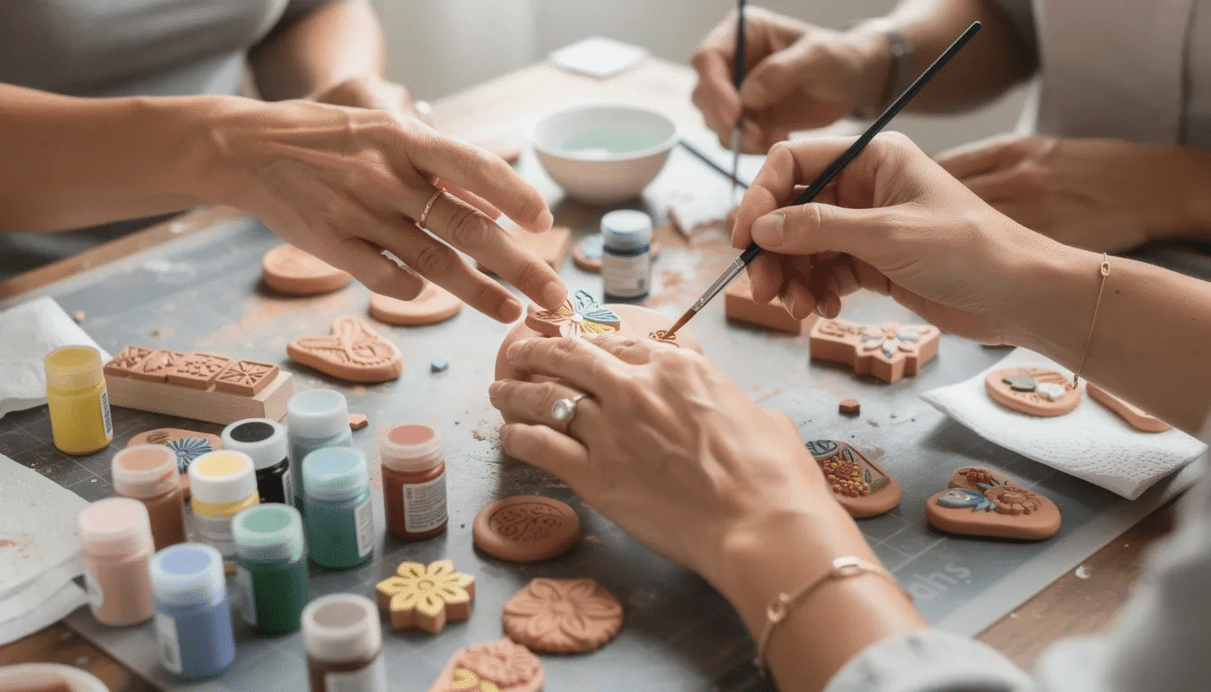99e807c7-2667-4d1f-a299-18cfd22360f3 The image shows hands skillfully decorating clay ornaments using colorful stamps and paint on a craft table, showcasing a fun craft project that highlights creativity and the joy of DIY ideas. The vibrant colors and unique designs reflect the endless possibilities of crafting with simple materials.