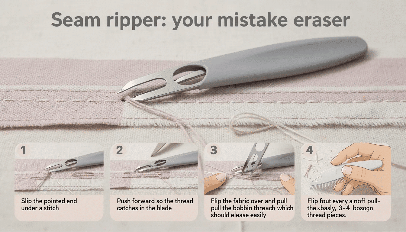 99eadeac-9a62-4c82-a658-cae922bc5ba8 The image shows a seam ripper, an essential sewing tool with a pointed end for slipping under stitches and a small cutting blade designed to slice through threads cleanly. This handy tool is crucial for sewists at all skill levels, helping them efficiently correct mistakes in their sewing projects.