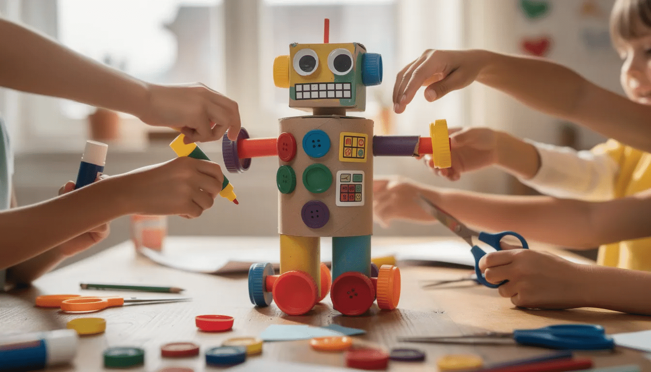 9aefccd2-af7b-4fa8-8fbc-b995fc6ea851 Children's hands are joyfully assembling a colorful robot sculpture using reusable materials such as cardboard tubes, buttons, and bottle caps, showcasing creativity and community engagement in a creative reuse project. This activity reflects the spirit of arts and crafts, emphasizing environmental stewardship and the importance of using low-cost, usable materials.