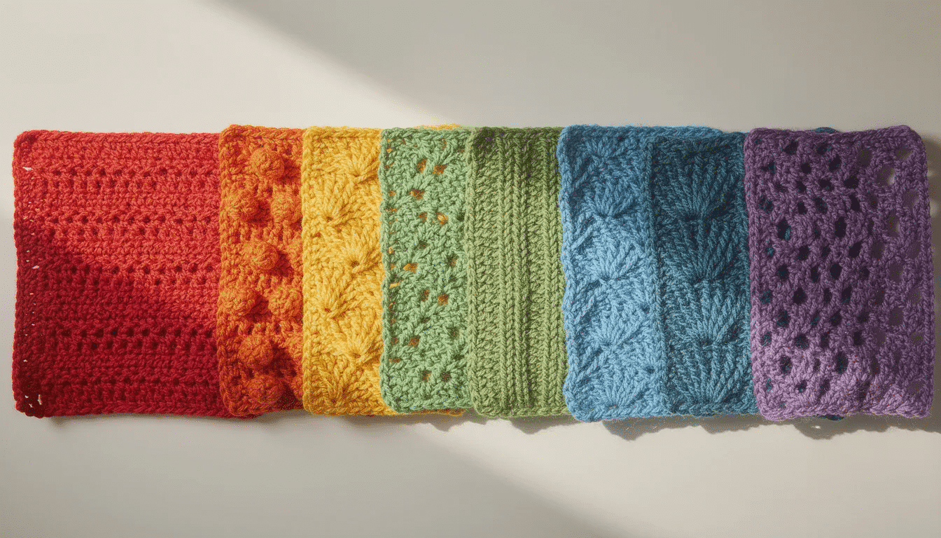 9b64f6e0-c1f7-42c2-95a1-03f7f37fbf6a The image features a row of colorful crochet fabric swatches, each showcasing different crochet stitch textures, including the double crochet stitch and chain stitch, providing inspiration for free crochet patterns. Each swatch highlights the unique patterns and techniques that can be created with a crochet hook and yarn.