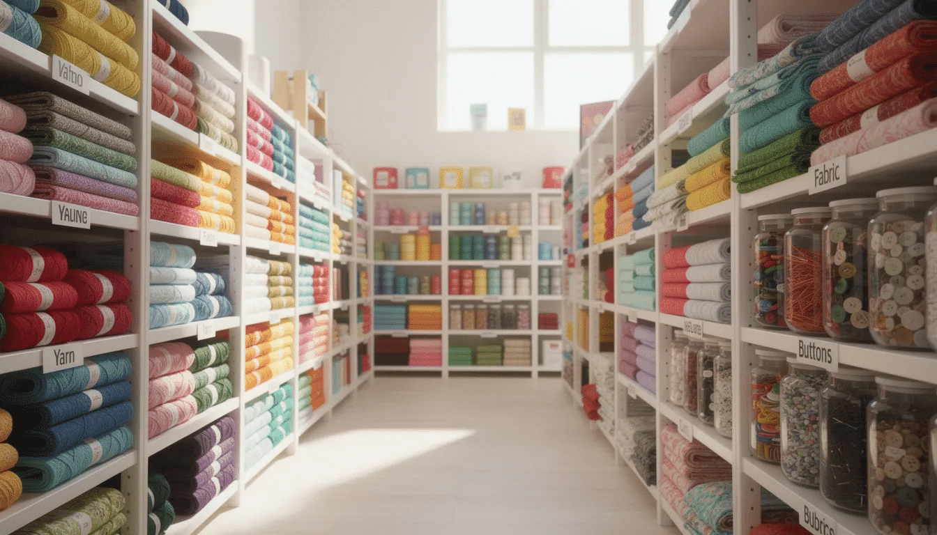 9b9b4290-9f6d-44f2-abd4-1247118e9645 The image showcases vibrant shelves filled with an array of yarn skeins, fabric bolts, and jars of buttons, all neatly organized in a bright craft supply store that promotes sustainable creativity and supports local businesses. This inviting space encourages creative reuse and offers a variety of usable materials for makers and artists alike.