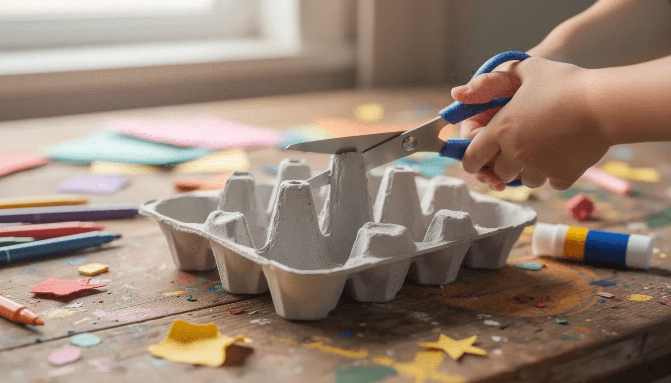 A child's hands are holding scissors as they cut a cardboard egg carton on a colorful craft table, surrounded by art supplies like markers and glue. This creative project involves transforming the egg carton into adorable animal shapes, showcasing the joy of recycling and imagination in children's crafts.