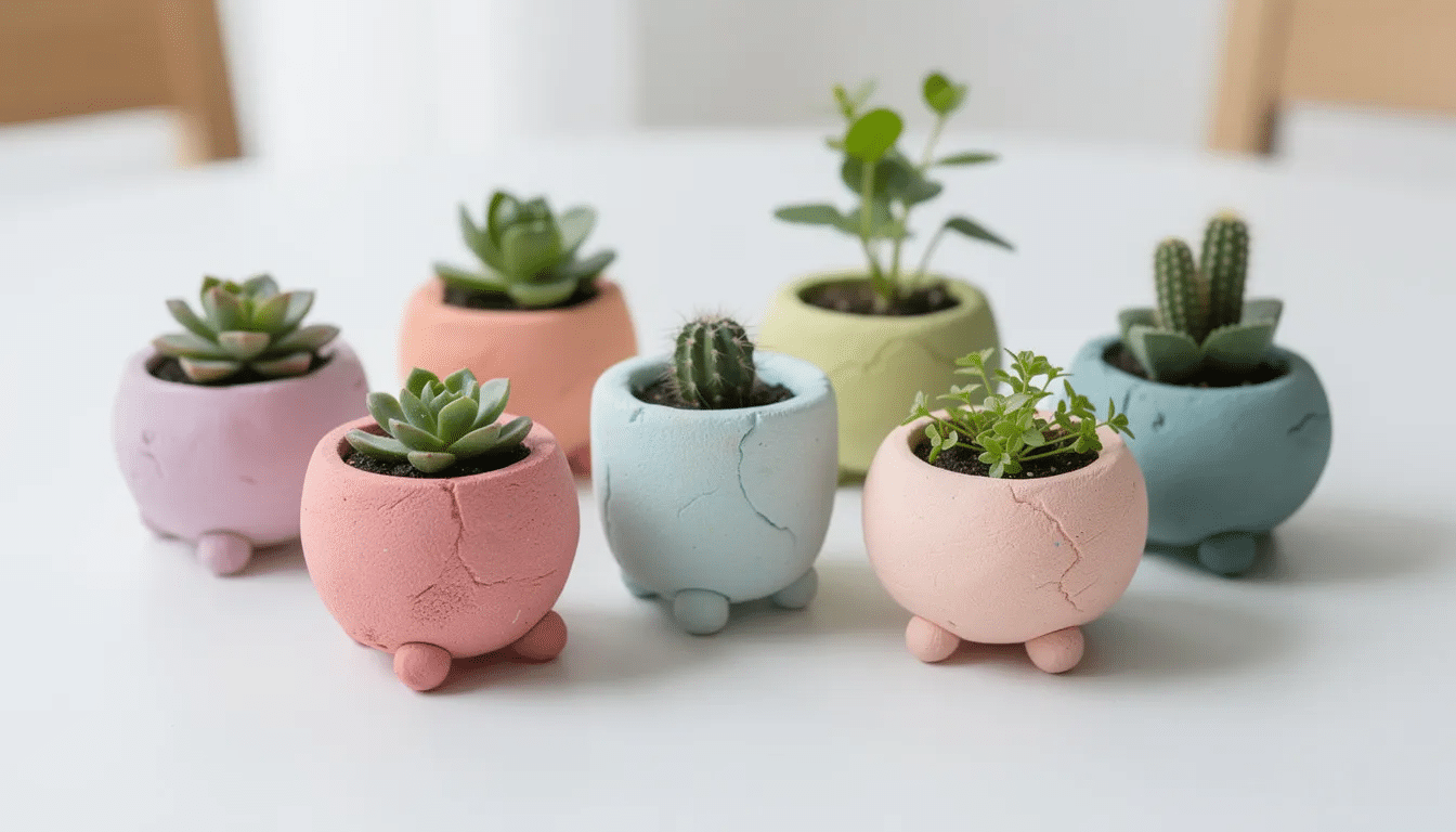 9facf003-3b9d-489a-8705-6c623d59b416 The image features a collection of mini air dry clay planters, each with a smooth texture and a cute scalloped edge, showcasing various shapes and sizes. These small pots, perfect for holding flowers or small plants, are arranged on a work surface lined with parchment paper, highlighting their creative design and the fun of air dry clay projects.