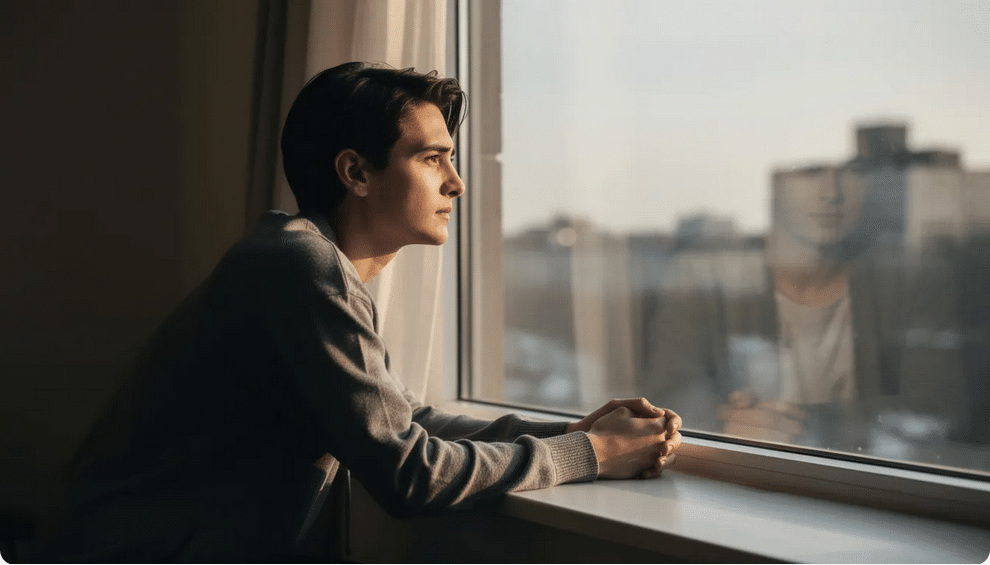 A person sits alone, gazing thoughtfully out a window, embodying the essence of character development as they ponder their journey, reflecting on the narrative of their life. This scene captures the importance of perspective in storytelling, inviting readers to explore the depths of emotion and conflict in fiction.