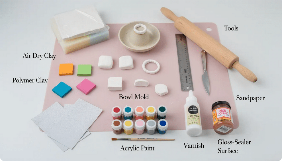 The image displays an organized collection of supplies for making DIY clay rings with air dry clay, including a small bowl for molding, basic crafting tools like a sharp knife and rolling pin, sandpaper for smoothing edges, and acrylic paint for decoration. These materials are essential for a smooth crafting process and can inspire various air dry clay projects.