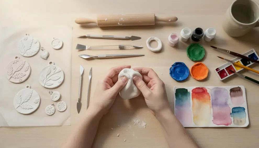 Air Dry Clay Projects An engaging image shows a variety of air dry clay projects, including colorful jewelry and decorative ornaments, all crafted by hand. The scene highlights the creative process, with tools like a rolling pin and brushes, and vibrant acrylic and watercolor paints ready for adding color to the intricate designs.