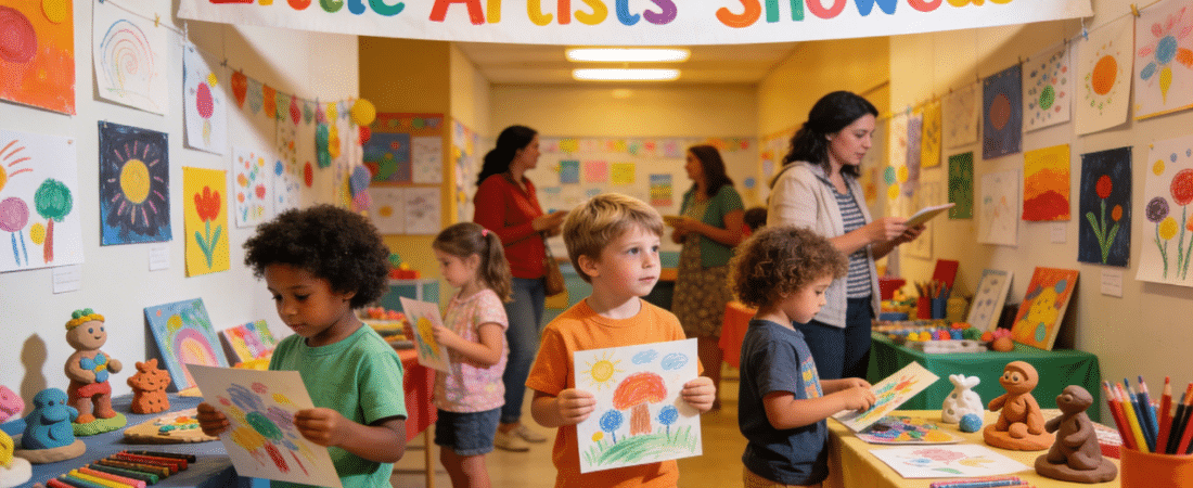 Children in an art show in school.
