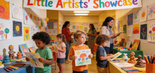 Children in an art show in school.