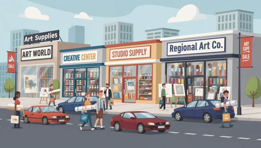 The image showcases a variety of major national and regional art store chains, featuring colorful displays of art supplies and products. It highlights different locations and brands, providing artists with options to select the best materials for their creative projects.