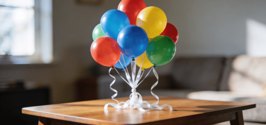 Colored balloons on table.