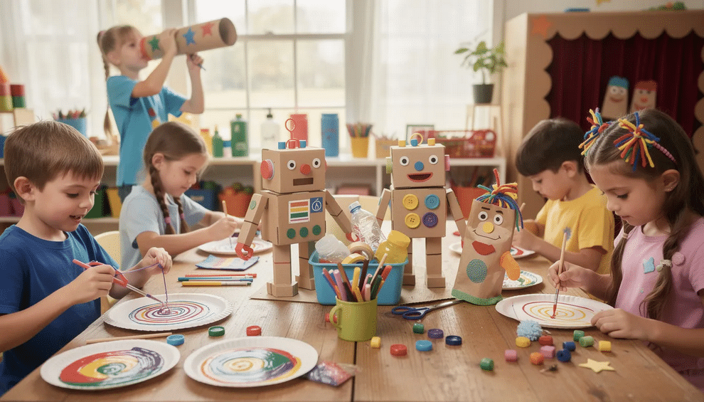 The image showcases a variety of fun crafts for school-age kids, including spin art on paper plates, recycled material robots, DIY puppets made from socks, and cardboard tube telescopes. Each project encourages creativity, problem-solving, and imaginative play, using simple materials to inspire young minds.