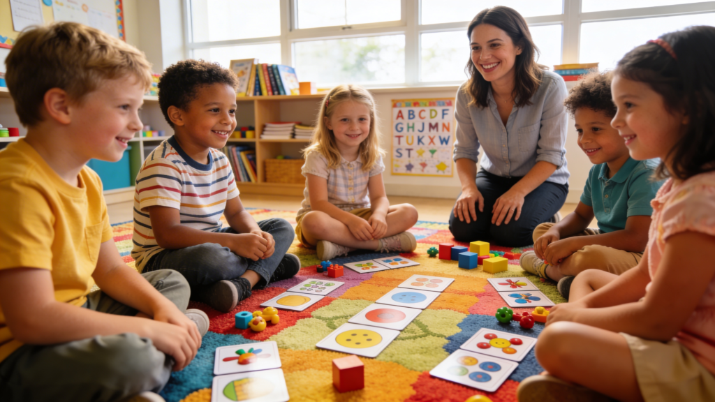 Carpet Time A group of young children, around kindergarten age, are sitting together on a colorful rug in a bright classroom, engaged in fun activities like a matching game. The scene captures the joy of learning as students interact with each other and their teacher, surrounded by various educational materials.