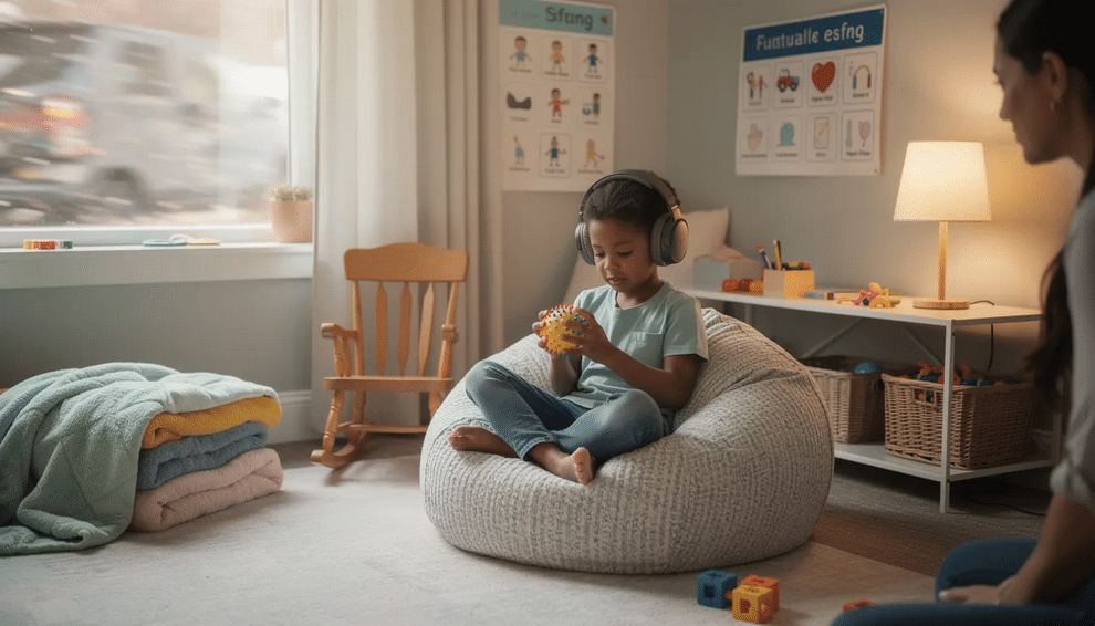 Child Sensory Headphones The image depicts children engaging in various sensory regulation activities, such as manipulating pipe cleaners and beads, which support fine motor skills and improve hand-eye coordination. These fun and hands-on tasks are designed to enhance body awareness and sensory processing while promoting social skills and creativity in a playful environment.