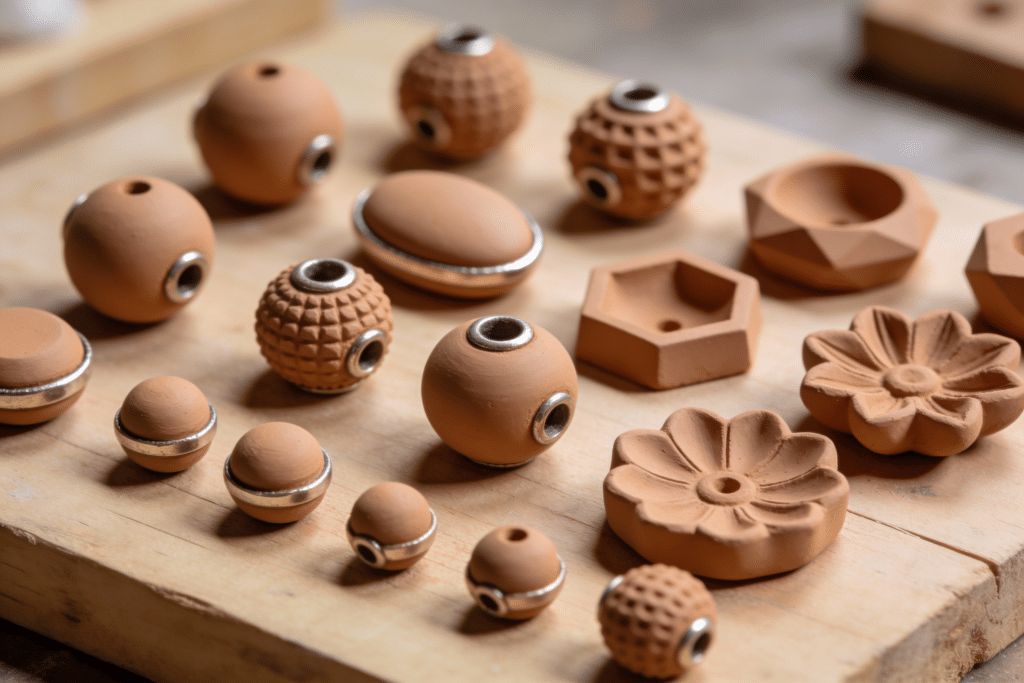Choosing Clay Bead The image depicts a selection of clay bead molds, showcasing various shapes and sizes suitable for different jewelry projects. Each mold is designed to capture intricate details, making it easy for artists to create unique beads for their designs.