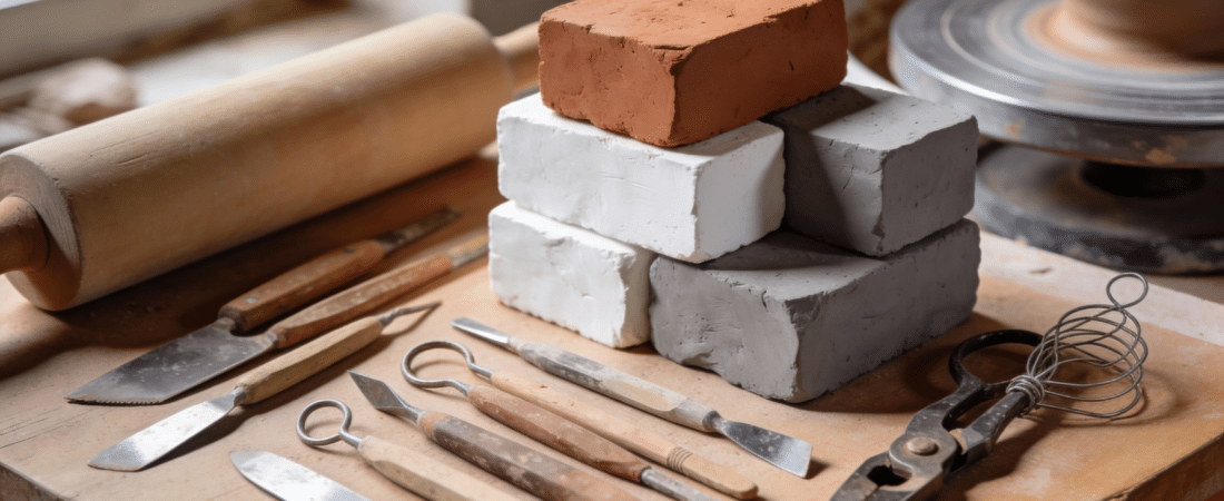 Clay art supplies on a table.