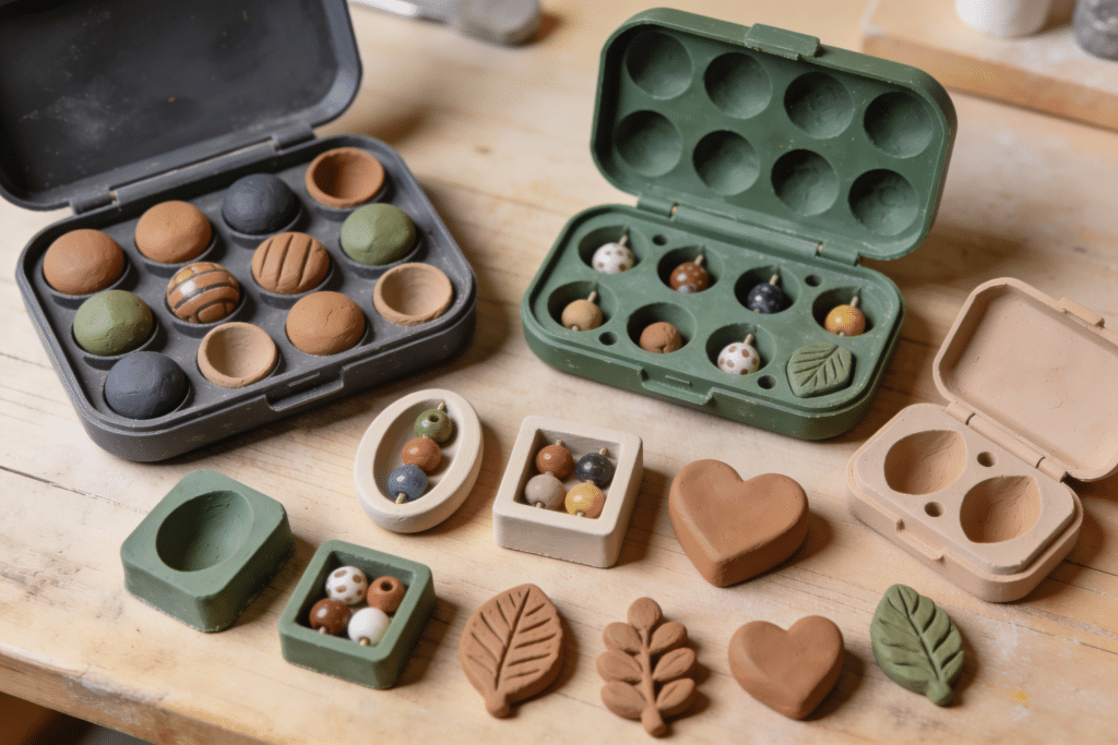 Clay Bead Mold The image showcases a variety of clay bead molds in different shapes, including round, oval, square, heart, and botanical-inspired designs. It highlights both open and closed molds, emphasizing their unique features for creating beads, making it an essential tool for artists working with clay.