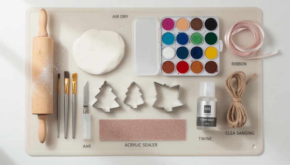 The image shows a step-by-step project for creating a watercolor air dry clay ornament, featuring materials like air dry clay, a rolling pin, and watercolor paints. The setup includes a silicone mat and tools for shaping the clay, demonstrating the craft process of painting air dry clay with vibrant colors and finishing it with a protective spray varnish.