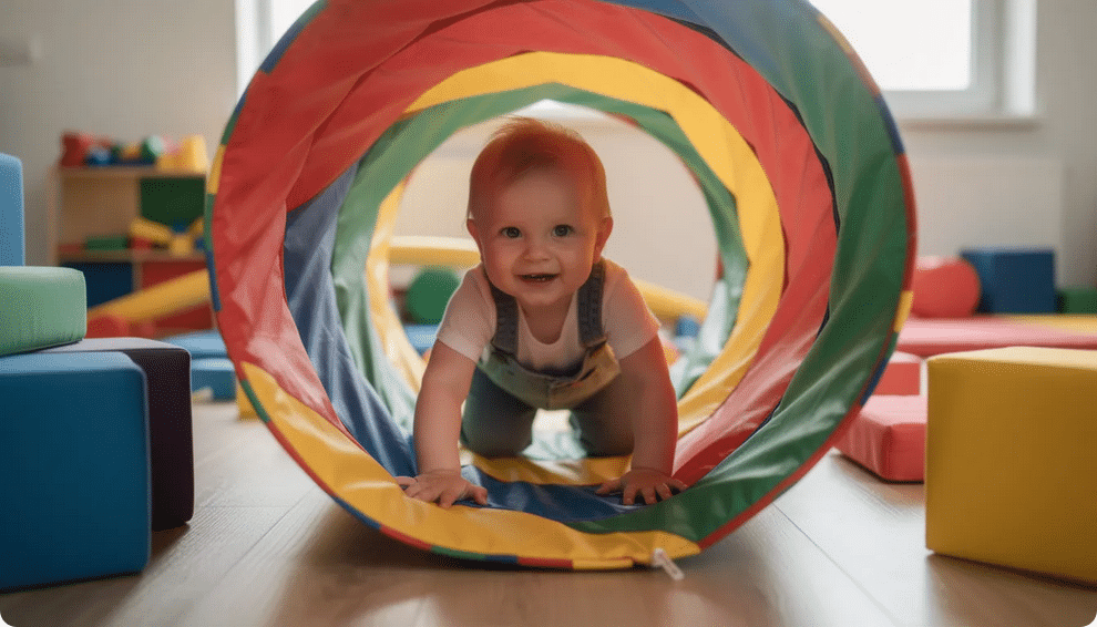 Colorful Tunnel A young child is happily crawling through a vibrant, colorful tunnel as part of a playroom obstacle course, engaging in activities that support fine motor skills and gross motor skills development. This playful environment fosters sensory feedback and body awareness, making it a fun way for kids to improve their coordination and social skills.