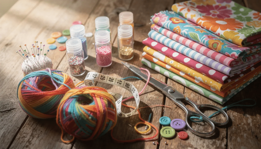The image shows a vibrant assortment of craft supplies on a wooden table, featuring colorful yarn, various fabrics, and small bottles, perfect for DIY projects like making bracelets or other creative items. This setup is ideal for customers looking to gather materials for their next crafting idea.