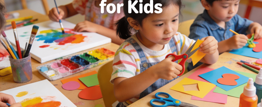 Kids craft activities on a table.
