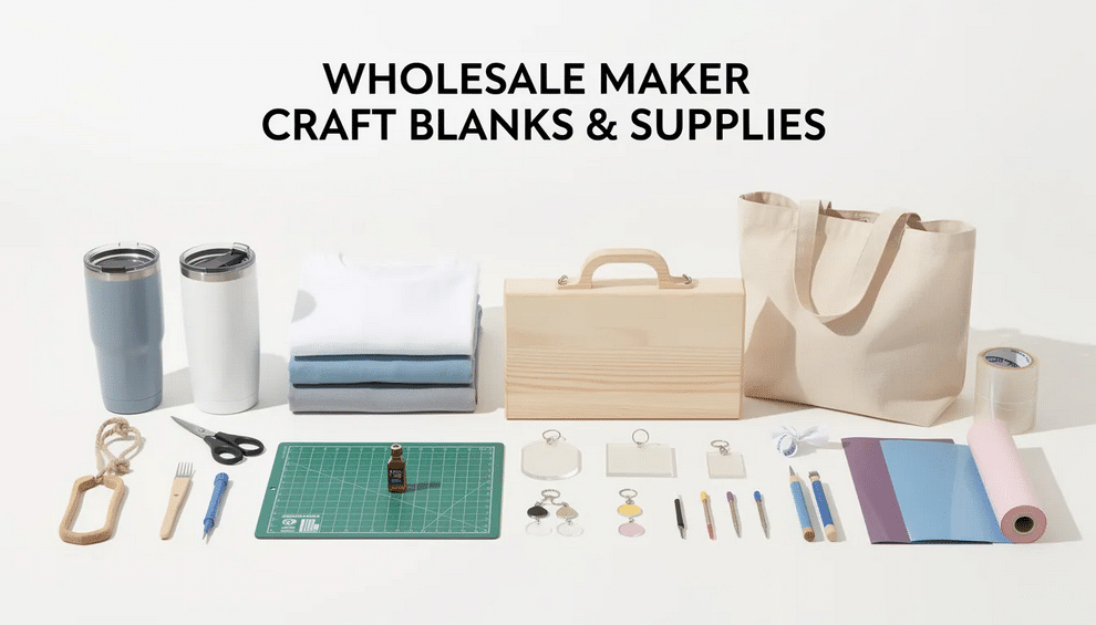 Craft Blank Supplies The image showcases a variety of wholesale maker craft blanks and supplies, including tools for sublimation and cutting, all arranged in an organized space. Brightly colored items hint at the amazing deals available for makers looking to discover perfect materials for their next art project.