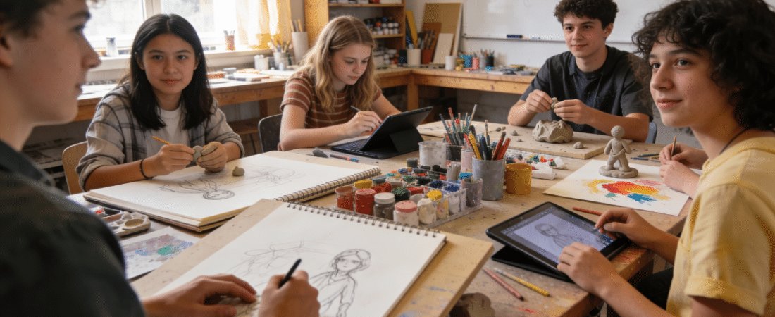 Creative Workshop Ideas for Youth Five teenagers sit around a table in an art classroom, exploring creative workshop ideas for youth as they draw on sketchpads and tablets, sculpt clay, and paint. Art supplies and finished artworks are scattered on the table. They are engaged and smiling.