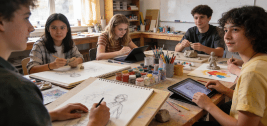 Five teenagers sit around a table in an art classroom, exploring creative workshop ideas for youth as they draw on sketchpads and tablets, sculpt clay, and paint. Art supplies and finished artworks are scattered on the table. They are engaged and smiling.