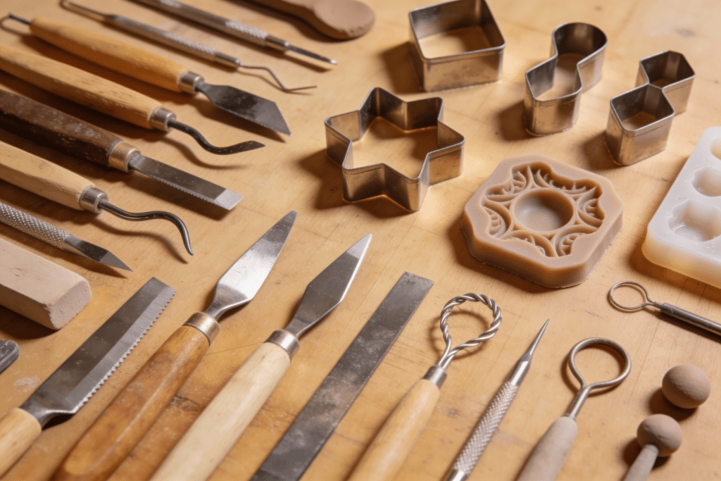 The image showcases an array of clay tools, including pottery tools like trimming tools and fettling knives, polymer clay tools such as cutters and molds, and sculpting tools like loop tools and modeling tools. Each tool is designed for various artistic techniques, making them essential for creating detailed shapes and textures in ceramics and crafts.