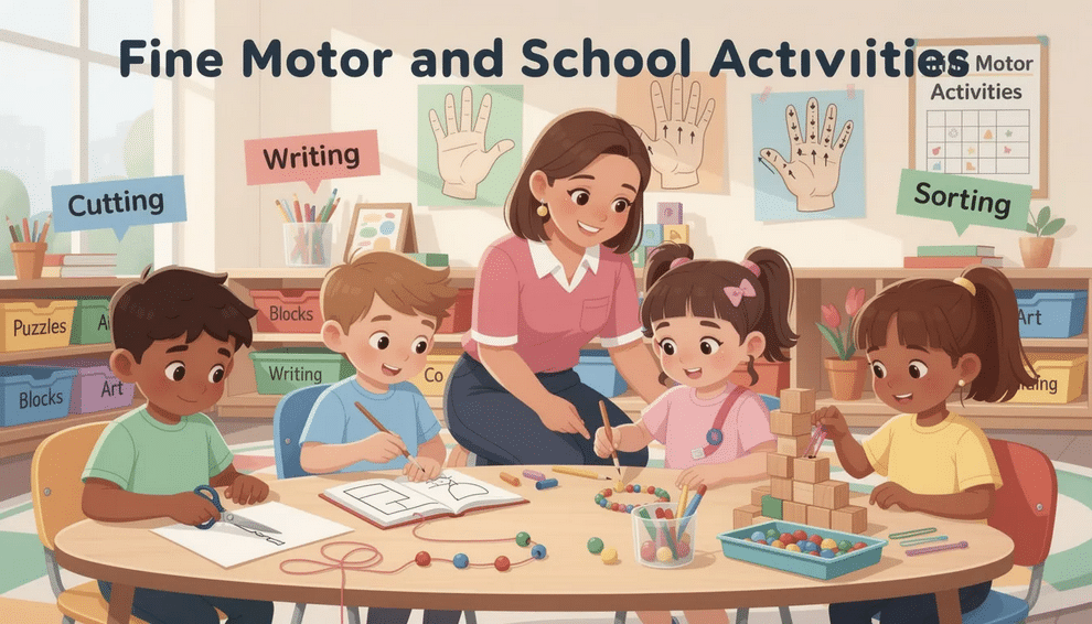 Fine Motor The image showcases various fine motor and school success activities designed for children, featuring tools like pipe cleaners, beads, and small objects that enhance hand-eye coordination and fine motor skills. These engaging tasks, such as crafting and sensory bins, support kids in developing essential skills for daily tasks and school readiness.
