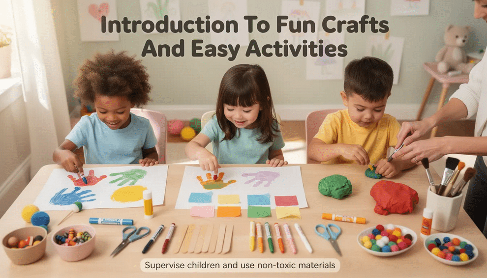 The image showcases a vibrant scene of toddlers engaged in fun crafts, using simple materials like paper plates, cotton balls, and non-toxic paint to create colorful art projects. Their little hands explore various textures and colors, emphasizing the joy of creativity and the learning process in a playful environment.