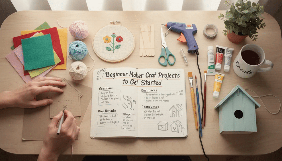 Glue Gun Craft An engaging image showcasing various beginner maker craft projects created using tools like the Cricut Maker, featuring gold accents and artistic designs. The projects, displayed in a well-organized space, invite makers to discover amazing deals and the power of creativity with sublimation techniques.