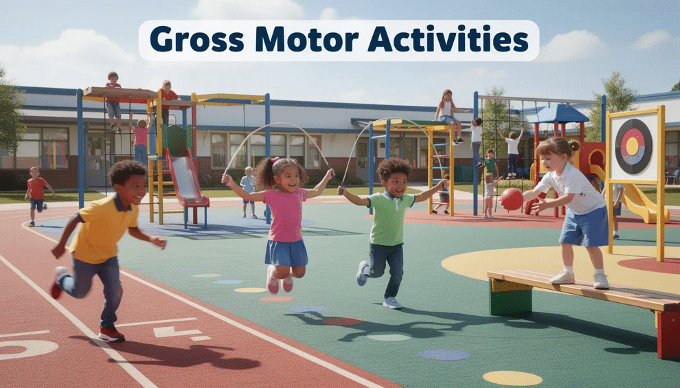 Gross Motor The image depicts children engaging in various gross motor activities, such as navigating an obstacle course and playing catch, which help improve coordination and body awareness. These fun activities not only support kids' physical development but also enhance their social skills and sensory processing through hands-on play.