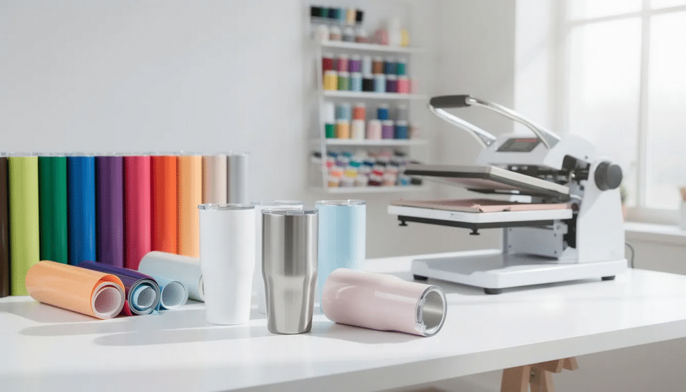 Heat Press Machine A bright crafting workspace features a heat press machine, colorful vinyl rolls, and blank tumblers neatly arranged on a white table, showcasing the perfect environment for makers to create amazing art. Tools and supplies are organized, ready for sublimation projects that demonstrate the power of creativity and craftsmanship.