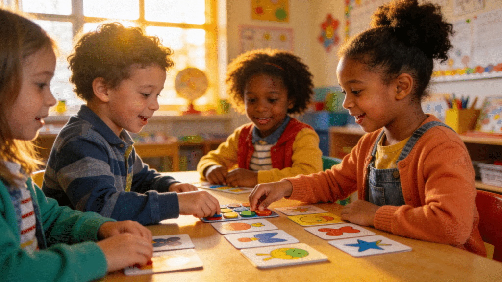 Kids Talking The image depicts a diverse group of kindergarten students engaged in a fun classroom activity, where they are taking turns during a matching game. The children are listening to each other without interrupting, expressing their feelings verbally, and following classroom rules to promote respect and inclusion.