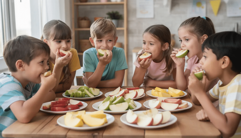 In a vibrant kindergarten classroom, many children are gathered around a table, excitedly tasting slices of apples in various colors. This fun activity encourages young learners to explore different flavors while promoting social interaction and learning about healthy foods.