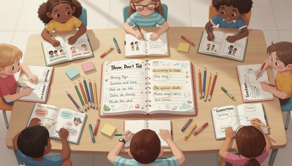 The image depicts a vibrant classroom scene where kids are engaged in a writing workshop, exploring various writing craft techniques. They are discussing character development and story structure while surrounded by books and writing tools, fostering their skills in creating compelling narratives and understanding literary devices.