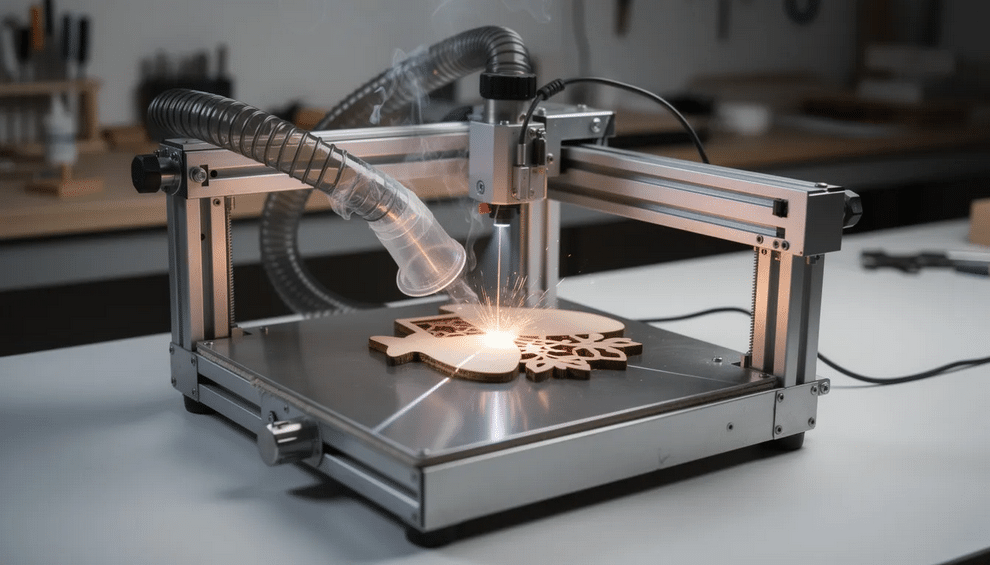 Laser Cutter A desktop laser engraver is cutting a wooden ornament, with a visible laser beam and smoke extraction in action, showcasing the power and precision of maker tools. The scene highlights the art of crafting and the amazing potential for creators to discover new designs.