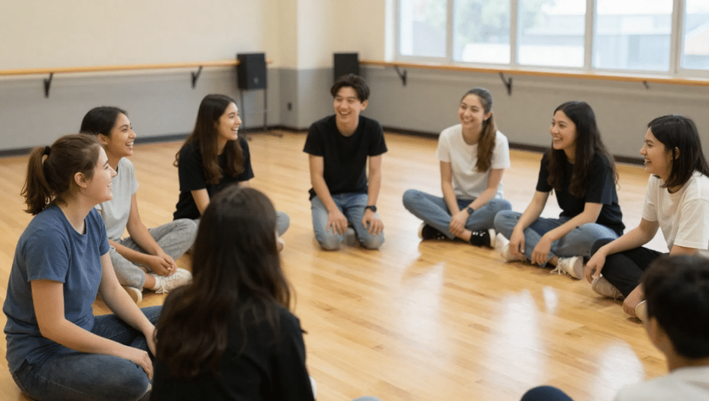 Laughing Teenagers A group of teenagers is joyfully laughing together during a warm-up exercise in a drama workshop at a community center, showcasing their creativity and teamwork. This fun activity encourages critical thinking skills and helps develop their self-esteem through engaging creative processes.