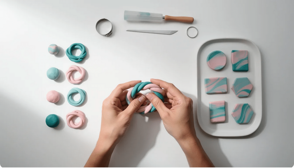 The image showcases a collection of marbled clay rings made from air dry clay, featuring unique swirled patterns created by partially mixing different colors. These DIY clay rings highlight the creative process of crafting with air dry clay, perfect for jewelry enthusiasts looking for fun and artistic clay ring ideas.