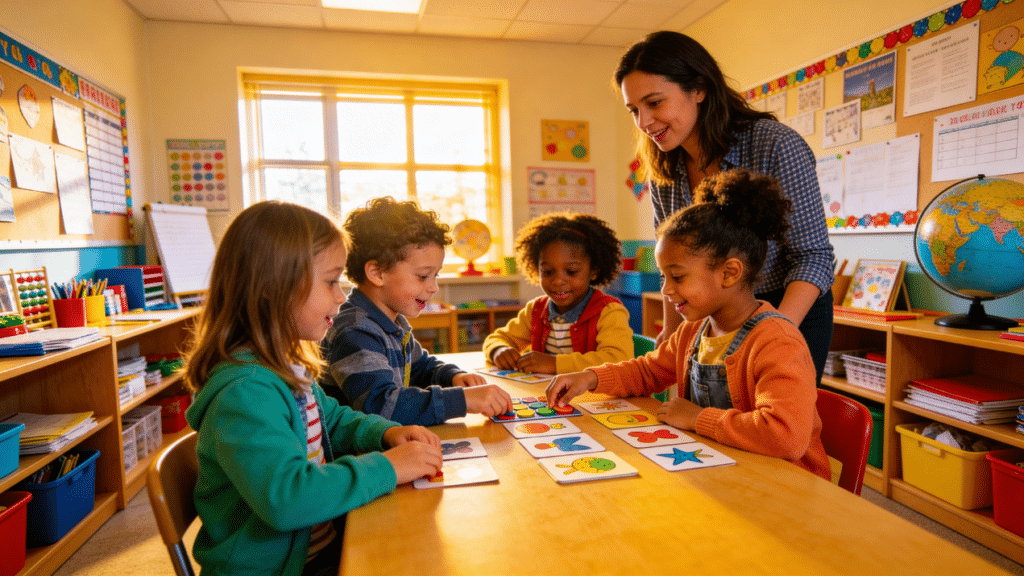 Matching Game The image depicts a classroom setting where a teacher is guiding a group of kindergarten students in a fun matching game that encourages learning through play. Various materials and activities are displayed around the room, showcasing different ways to engage children in social studies, writing, and art.