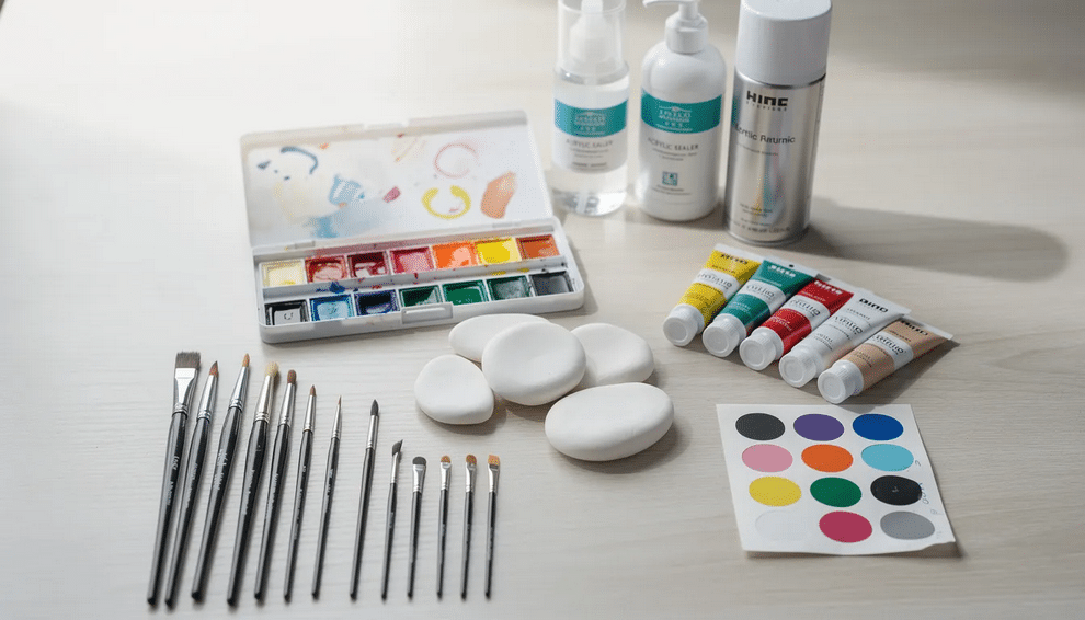 An organized workspace displays various supplies for painting air dry clay, including high-quality watercolor paints, soft brushes for intricate designs, and water-based sealers like spray varnish. This setup is ideal for crafters looking to create durable and colorful clay crafts, ensuring the finished pieces have a professional look.